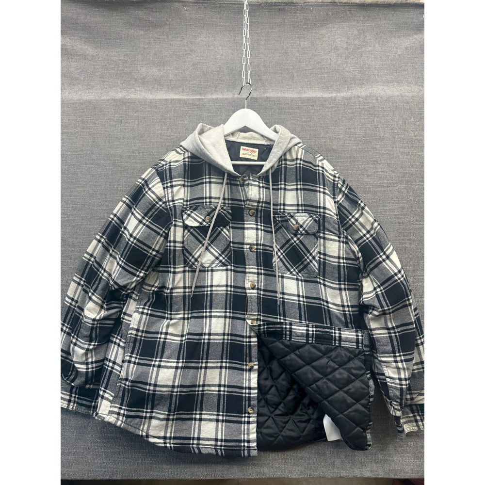 Wrangler Authentics Flannel Shirt Jacket Men XL Black White Quilted Lined Hooded